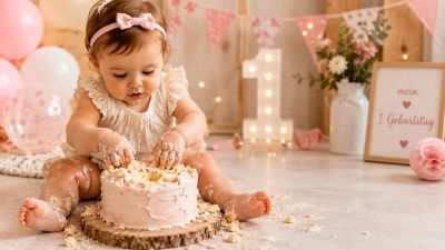 Baby beim Cake Smash mit kleinem zuckerarmen Smash Cake zum 1. Geburtstag in einer liebevoll dekorierten Geburtstagskulisse mit Ballons und natürlichem Licht